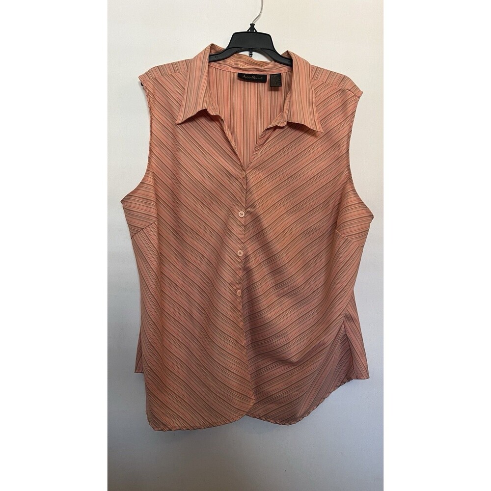Ashley Stewart Pink Striped Sleeveless Collared Button-Down Summer Blouse Plus